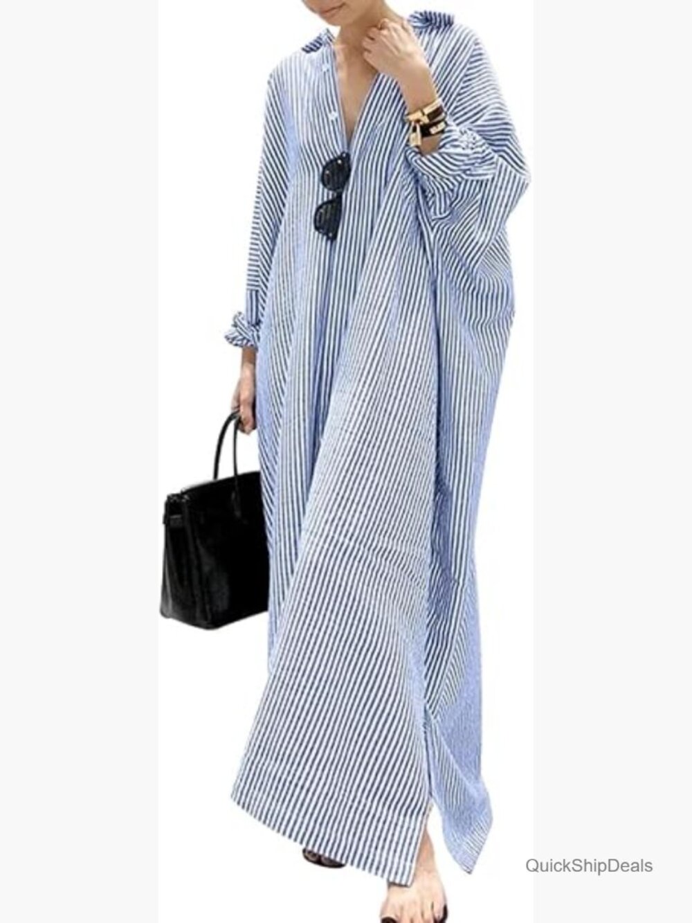Women's Long Sleeve Button Down Striped Cotton Maxi Shirt Dress